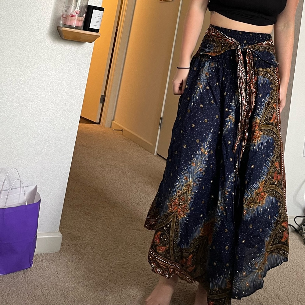 Peacock printed maxi skirt with a front tie